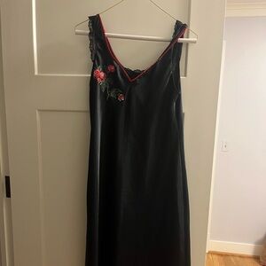 Vintage black midi/maxi silk slip dress with lace and red embroidered floral